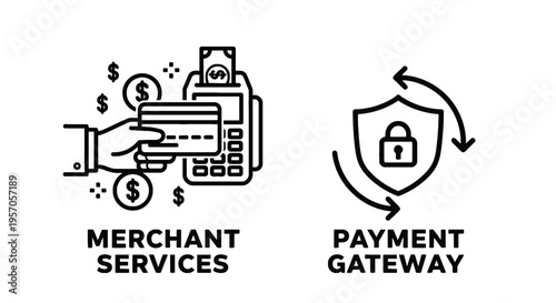Merchant services and payment gateway icons for secure credit card transactions and financial technology with pos terminal