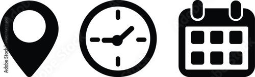 A set of three black icons representing location, time, and calendar, commonly used in user interfaces and digital applications.