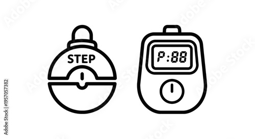 Pedometer step counter and stopwatch timer line icons for fitness tracking and time management with fitness tracker