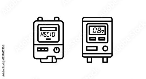Electronic measurement devices icons: portable meters for digital readings and diagnostics in tech with hand held