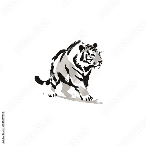虎の墨絵イラスト・和風水墨画の動物アート素材・透過