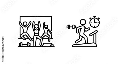 Group exercise and treadmill workout icons for fitness, personal training, health, and active lifestyle promotion, fitness icon
