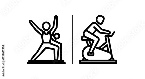Yoga stretching pose and stationary bike icons for fitness, wellness, exercise, and healthy lifestyle activities, fitness icon