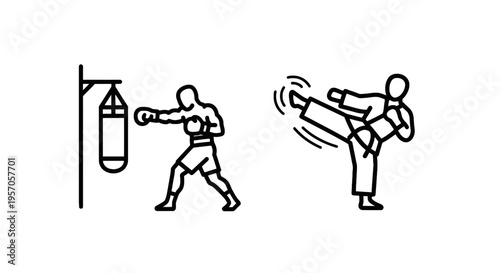 Dynamic boxing and martial arts training icons for sports and fitness motivation with punching bag