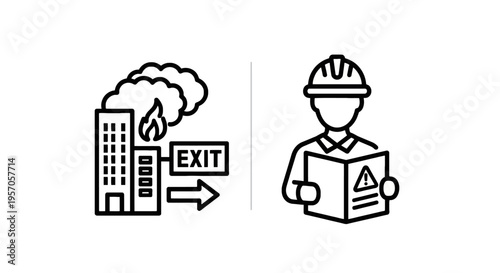 Fire emergency and workplace safety icons with burning building and construction worker with emergency exit
