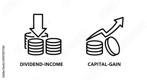 Financial investment icons representing dividend income and capital gain growth with stacked coins and directional arrows in minimalist black line art style