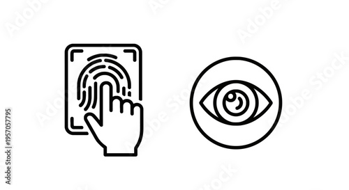 Biometric security icons representing fingerprint authentication and eye retina recognition in minimalist black line style for privacy and identity verification