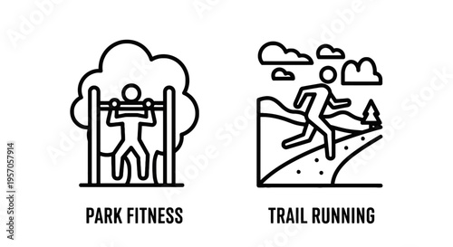 Park fitness and trail running icons, line art vector illustration for healthy lifestyle, outdoor sports and exercise activity
