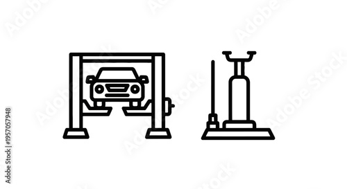 Car lift garage service and floor jack icons, line art vector illustration for automotive repair, vehicle maintenance and mechanic workshop