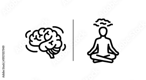 Mental health and mindfulness icon set featuring human brain and person in lotus meditation pose for wellness stress relief and cognitive balance concepts