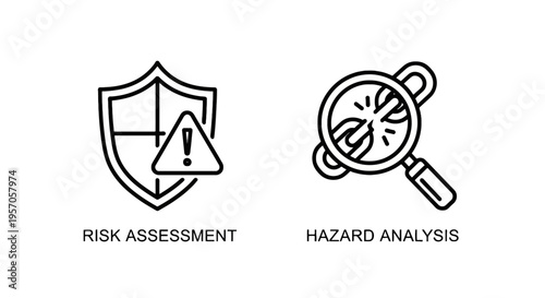 Risk assessment and hazard analysis icon set including security shield with warning sign and magnifying glass inspecting broken link for safety compliance