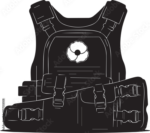 Bulletproof vest with poppy emblem and strap details vector illustration
