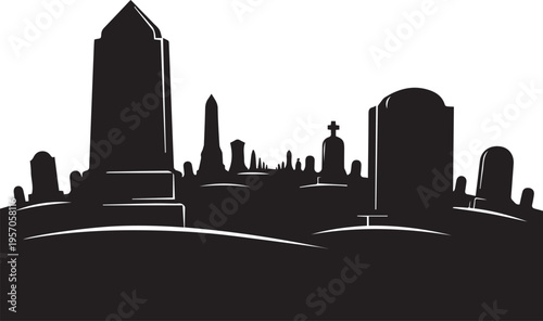 Cemetery graveyard landscape silhouette vector illustration with old tombstones and graves