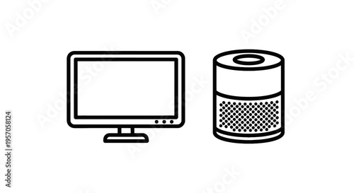 Computer monitor and smart speaker outline icons representing modern digital workspace setup home automation multimedia technology and hardware interface