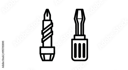 Industrial construction and repair tool icons featuring a manual screwdriver and a drill bit head for maintenance home improvement and mechanical works