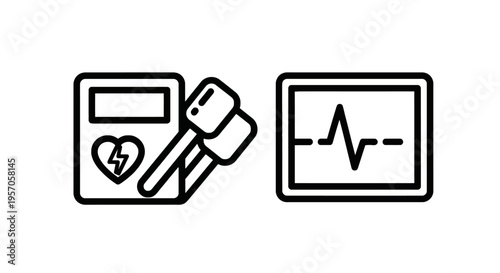 Medical emergency icons including automated external defibrillator aed with heart symbol and heart rate monitoring screen for healthcare and hospital usage