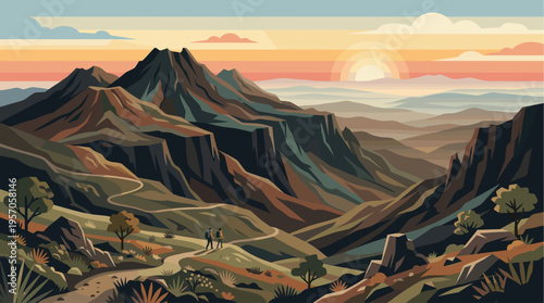 Two hikers with backpacks walk a winding trail through a vast mountainous landscape at sunset in a stylized, flat design.