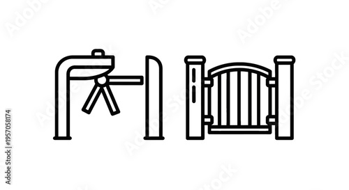 Security entrance and access control icons including a tripod turnstile and a classic garden gate for property protection and pedestrian traffic management