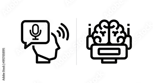 Artificial intelligence and voice recognition icons showing a human head with microphone speech bubble and an AI robot brain for futuristic tech concepts
