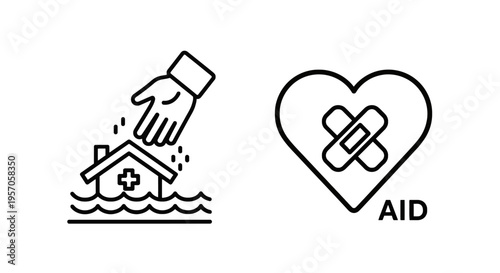 Humanitarian aid and disaster relief icons showing a rescuing hand and a bandaged heart, black outline illustration for charity and medical assistance missions