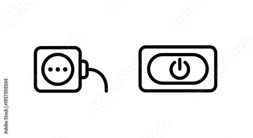Electronic power icons displaying a round wall plug with cord and a standby power button, black outline vector for technology and energy control concepts