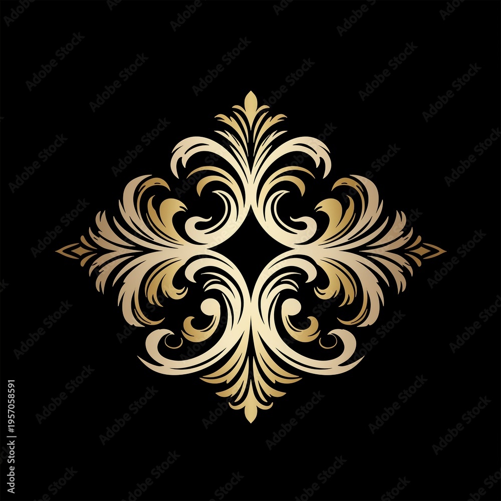 Fototapeta premium Elaborate golden baroque filigree flourish ornament symmetrically arranged on a plain black background abstract decorative element