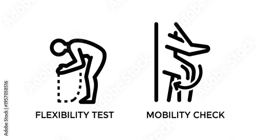 Physical fitness assessment icons featuring a flexibility test bending person and mobility check leg movement symbols, sports medicine and rehab exercise