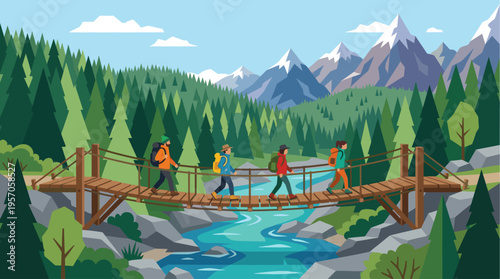 Four hikers with backpacks traverse a wooden suspension bridge over a turquoise river, surrounded by dense evergreen forests and snow-capped mountains under a clear blue sky.
