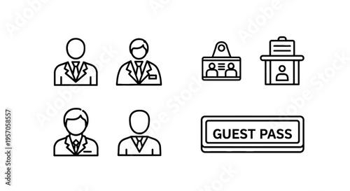 Professional avatar icons and guest pass identification label for office reception and event management, minimalist vector outline design for business access