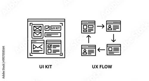 Ui kit and UX flow design icons for mobile app development and website interface wireframing, vector line art for tech professionals and software developers