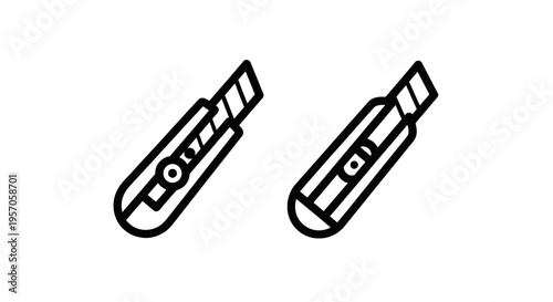 Retractable box cutter and industrial utility knife tool line icons set for packaging construction handiwork and diy manual labor projects concept