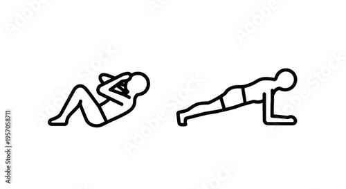 Simple line icon set: crunches and plank exercise for fitness and workout concepts with line art