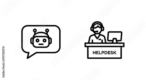 Artificial intelligence chatbot and customer service helpdesk agent line icons set for automated support and digital client communication concept