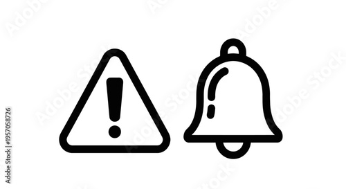 Set of simple line icons: warning triangle with exclamation mark and notification bell with line art