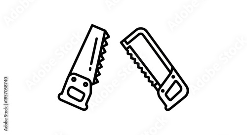 Two hand saw line art icons for repair, construction, and diy concepts, black and white