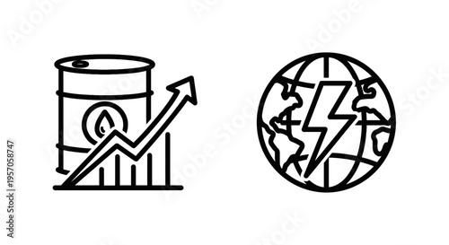 Icons for oil price increase and global energy consumption, representing economy, line art