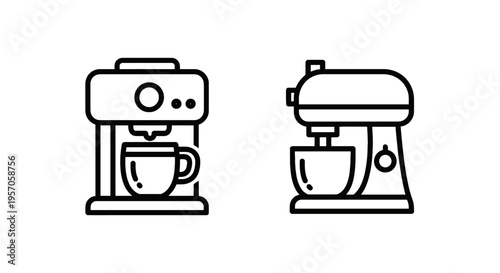 Kitchen appliance icons: coffee maker with cup and stand mixer with bowl with line art