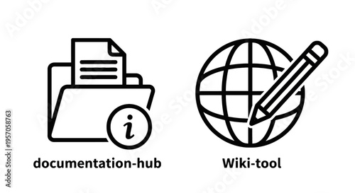 Information icons: documentation hub folder and wiki tool pencil globe with line art