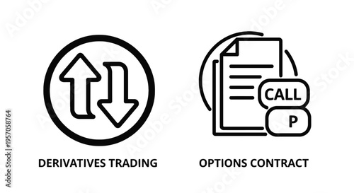 Financial icons: derivatives trading arrows and options contract document with stock market