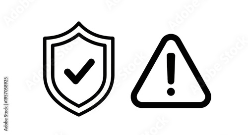 Security and safety symbol icons showing a protective shield with checkmark and a triangle warning sign for hazard alert and risk management
