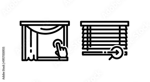 Outline icons of curtains and window blinds with interaction for home interior design concepts with window covering
