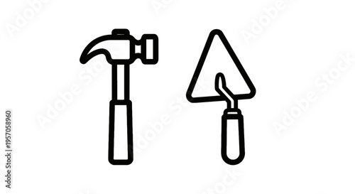 Hammer and trowel outline icons for construction, home repair, and masonry work, manual labor