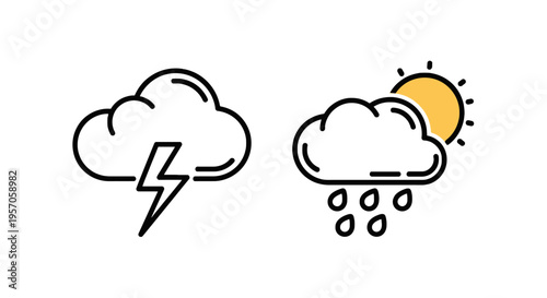 Storm and rainy weather forecast icons with lightning and sun for meteorological reports with rainy day