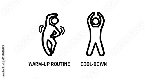 Warm up routine and cool down exercise line icons for fitness training and stretching. minimalist black and white symbols for workout prep and recovery stages