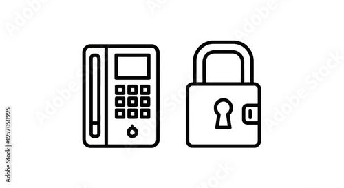 Digital keypad and security padlock line icons for access control and data protection. black and white outline symbols for encryption and locked privacy