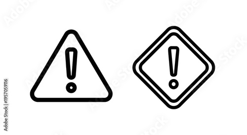 Warning triangle and caution diamond alert icons, emergency notification and hazard symbol set with exclamation mark line art graphics on white background