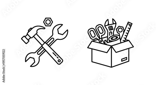 Crossed hammer and wrench with nut icon and tool box with equipment, maintenance and repair service concept line art graphics on white background
