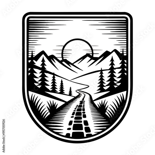 Clean and minimal vector art of an off road trail leading into a distant landscape inspired by national parks badges, clean black and white