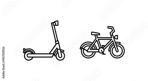Electric kick scooter and bicycle transport icons, urban mobility and eco-friendly travel concept with vehicle line art graphics on white background