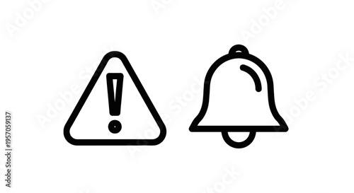 Alert triangle with exclamation mark and notification bell icons, emergency warning and reminder signal set with simple line art graphics on white background